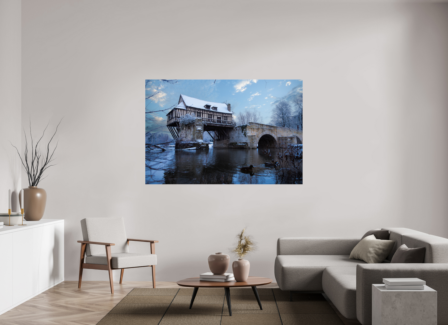 180 x 120 cm, Photo Print Under Acrylic Glass Vieux Pont de Vernon sous la neige