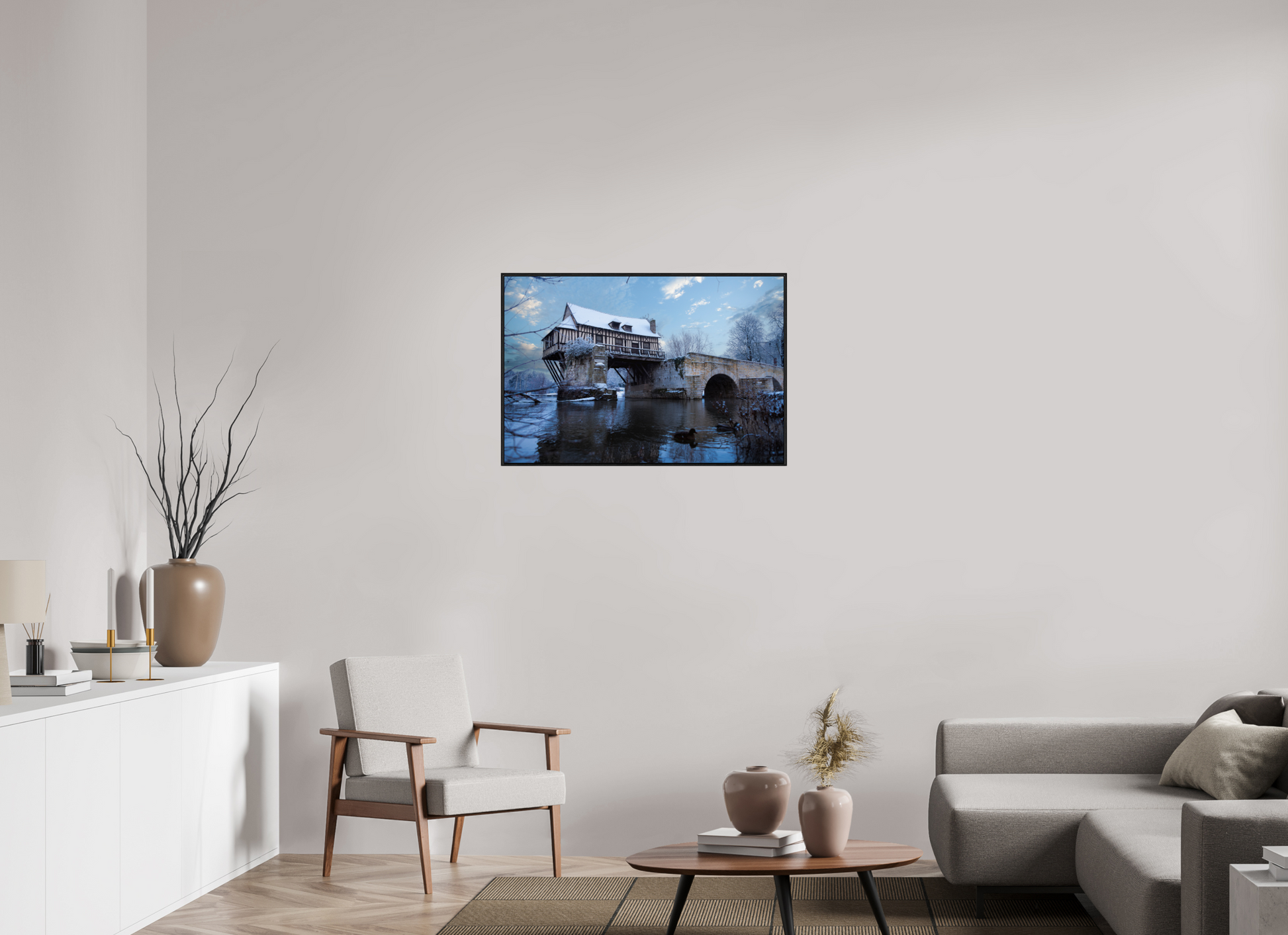 90 x 60 cm, Alu et cadre américain Vieux Pont de Vernon sous la neige