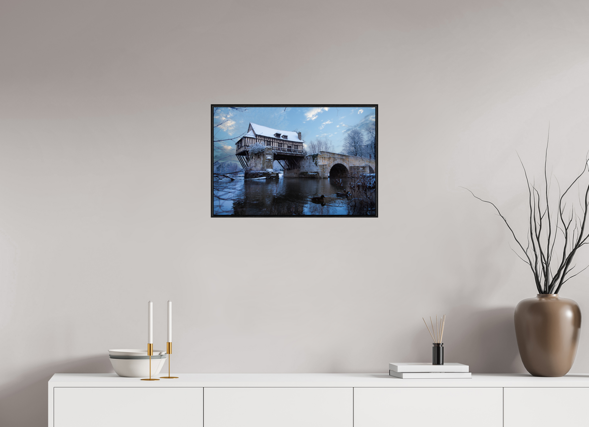 60 x 40 cm, Plexi et cadre américain Vieux Pont de Vernon sous la neige