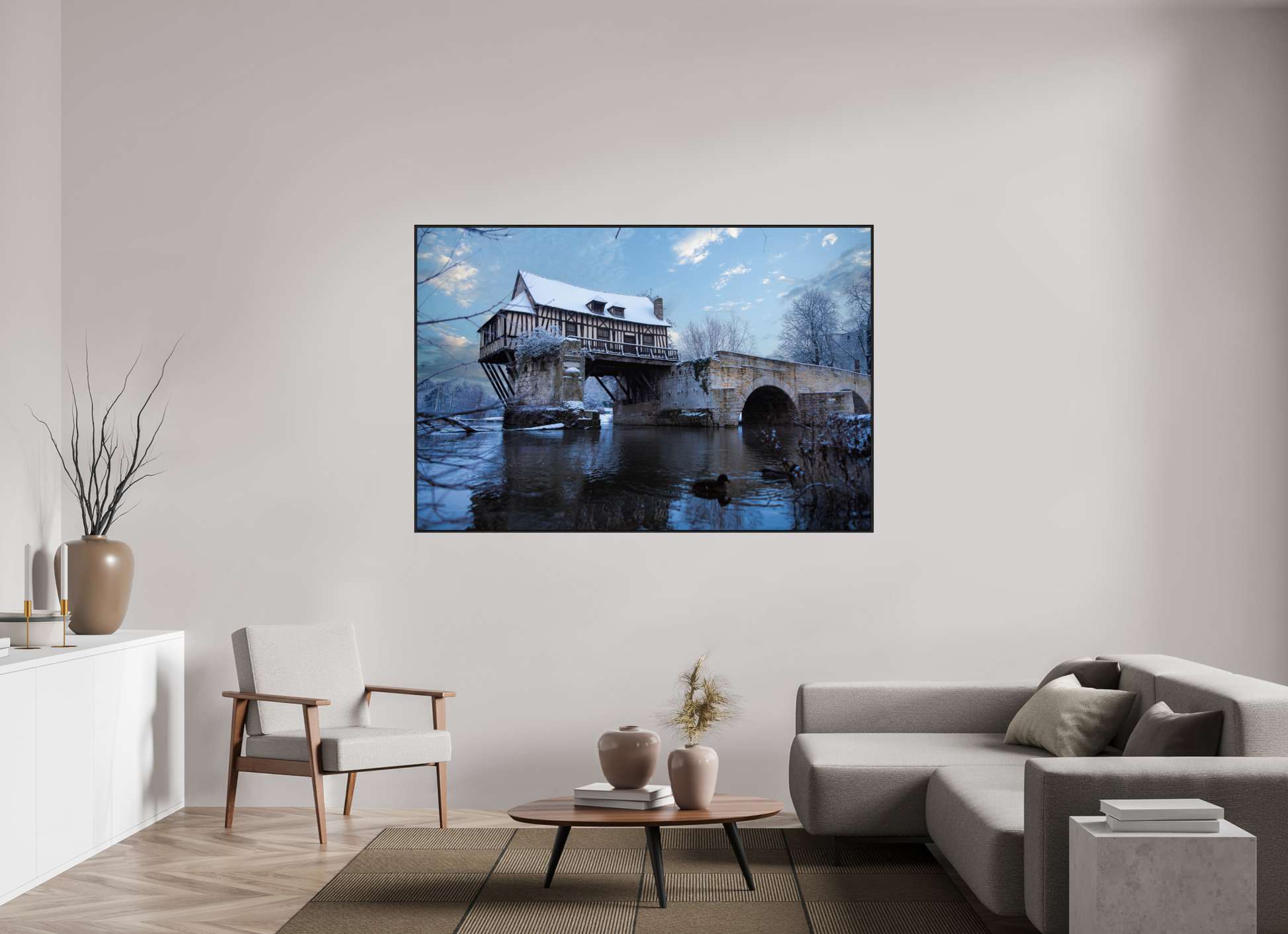 180 x 120 cm, Alu et cadre américain Vieux Pont de Vernon sous la neige