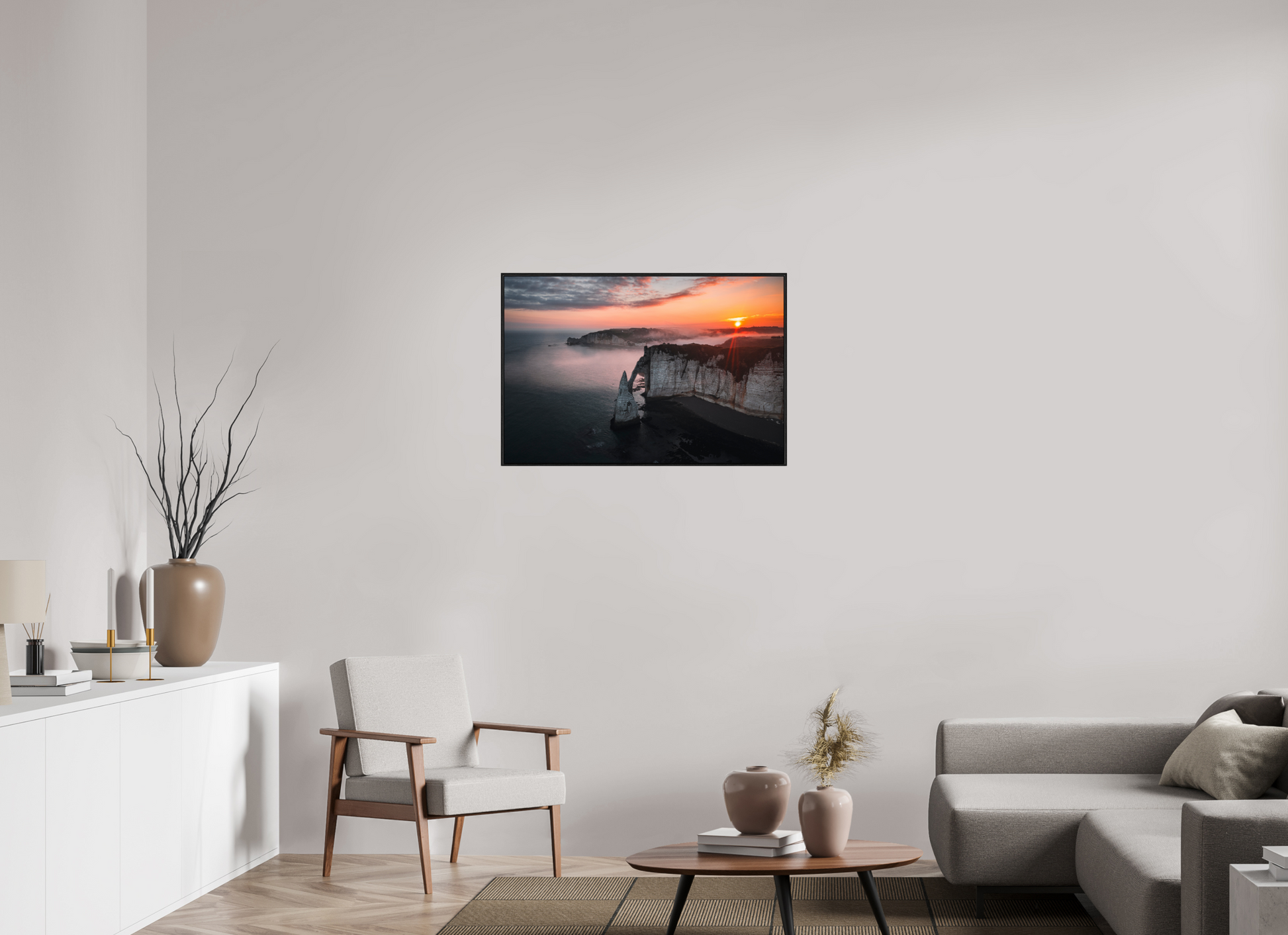 90 x 60 cm, Plexi et cadre américain Aube sur les Falaises d'Aval d'Etretat