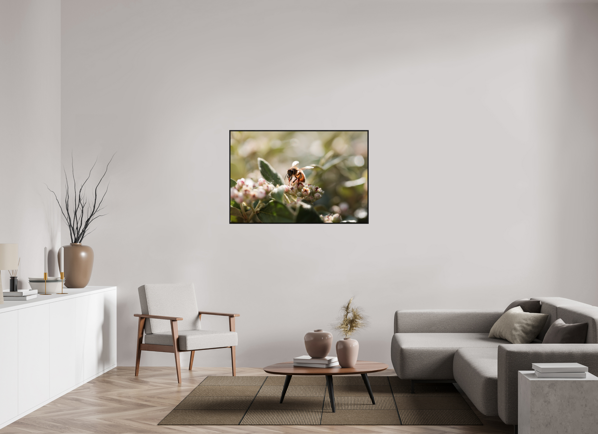 120 x 80 cm, Plexi et cadre américain Abeille à la lumière