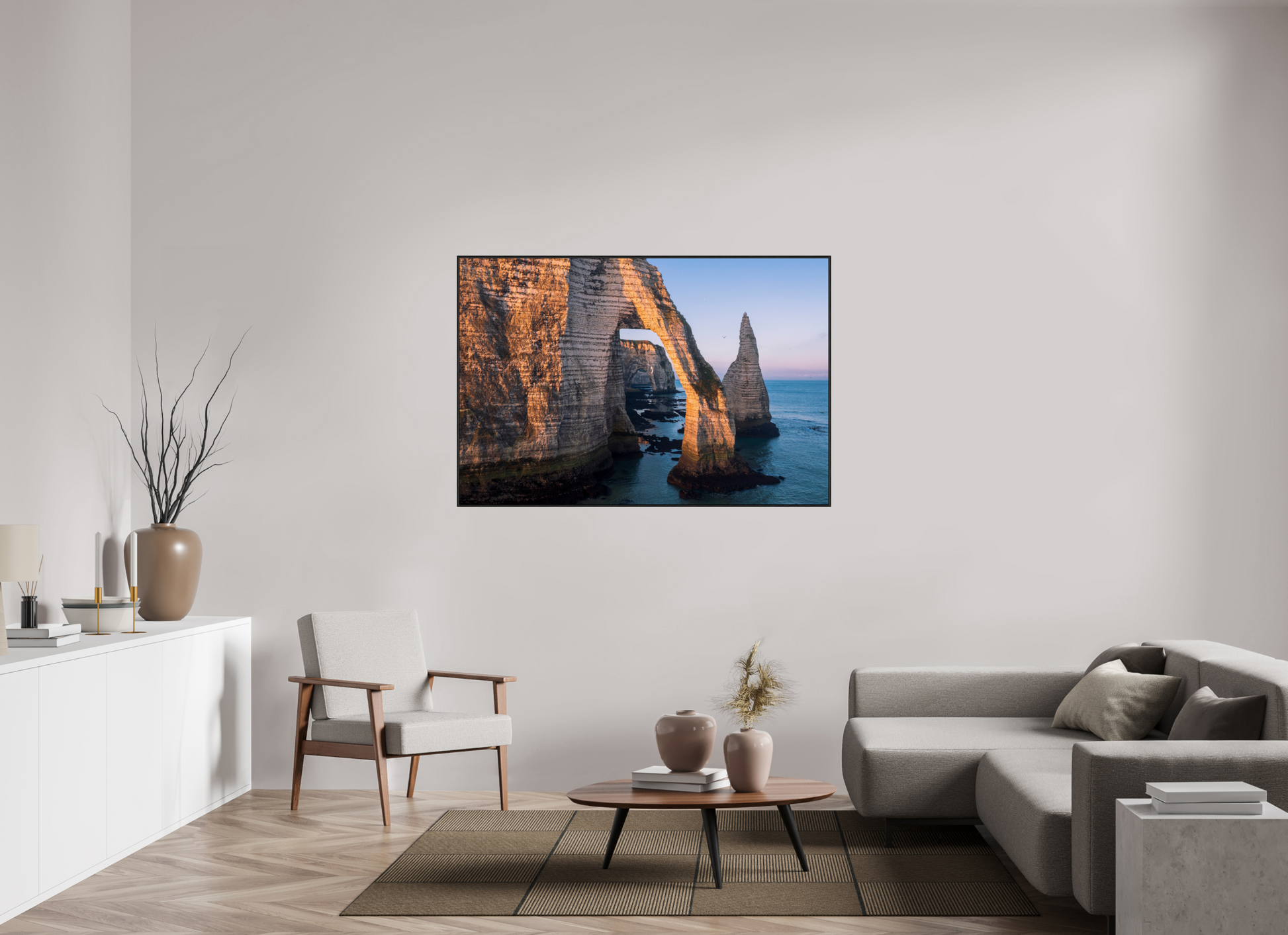 150 x 100 cm, Plexi et cadre américain Lumière dorée sur l’arche d’Étretat
