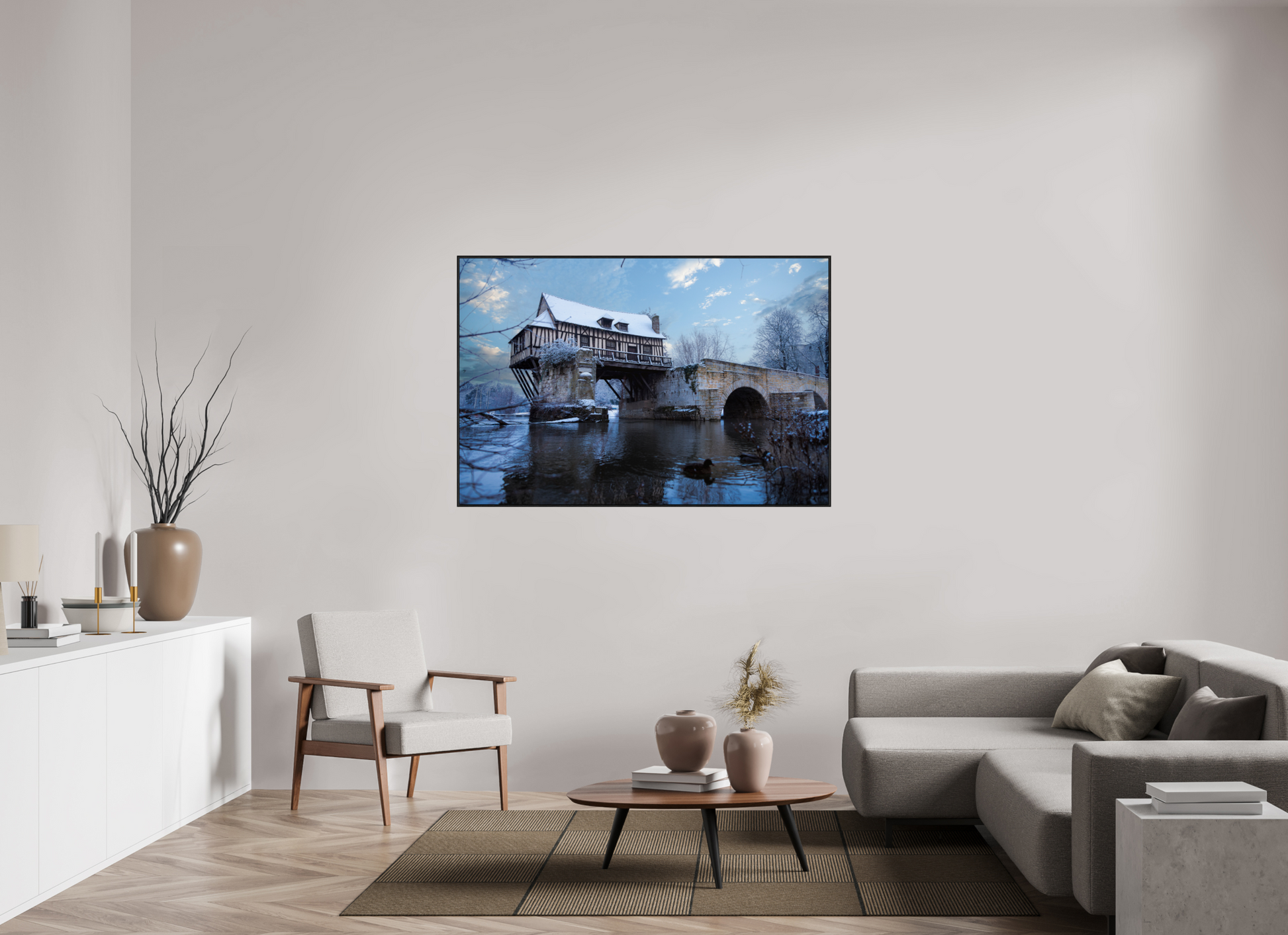 150 x 100 cm, Plexi et cadre américain Vieux Pont de Vernon sous la neige