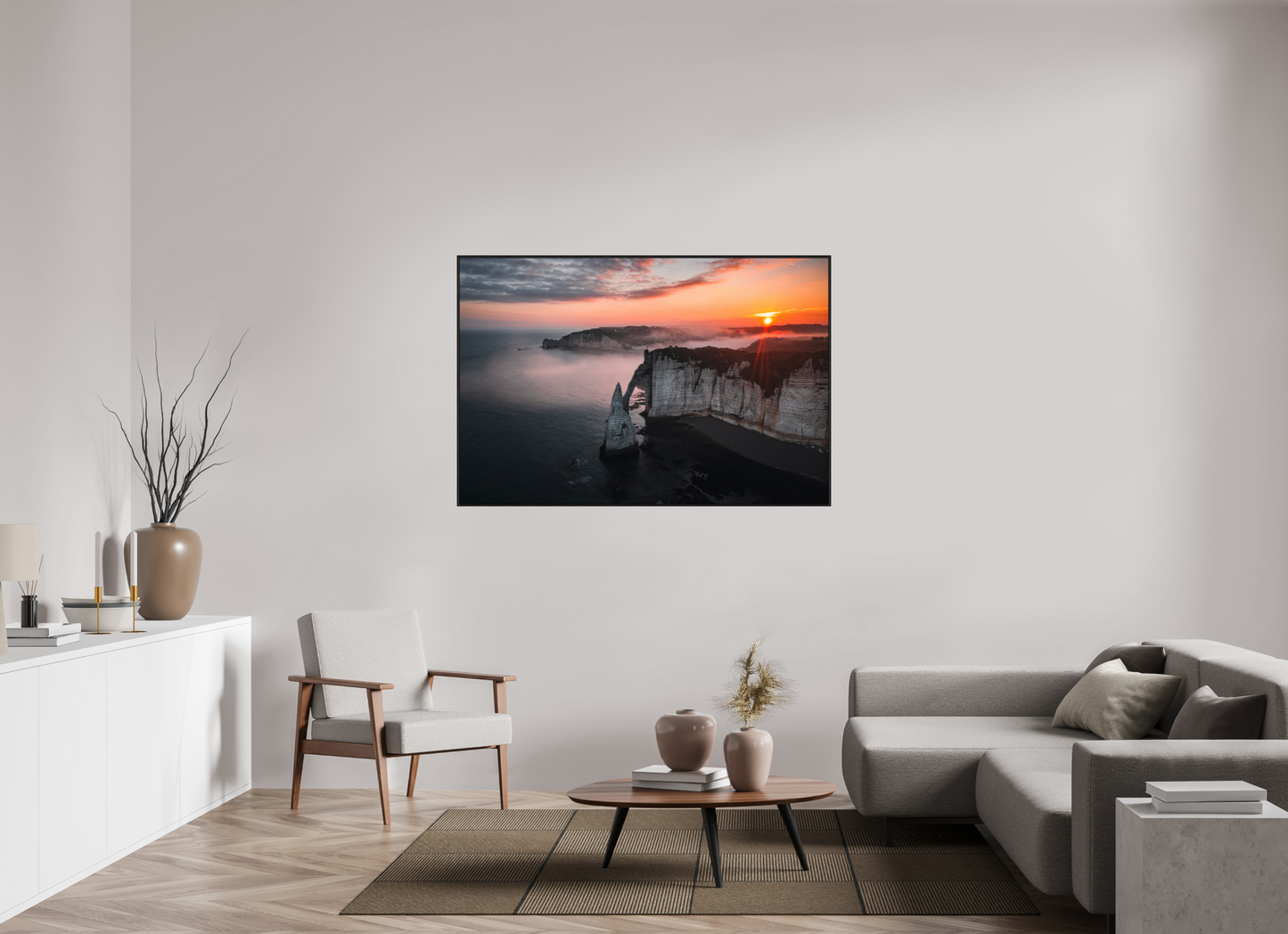 150 x 100 cm, Alu et cadre américain Aube sur les Falaises d'Aval d'Etretat