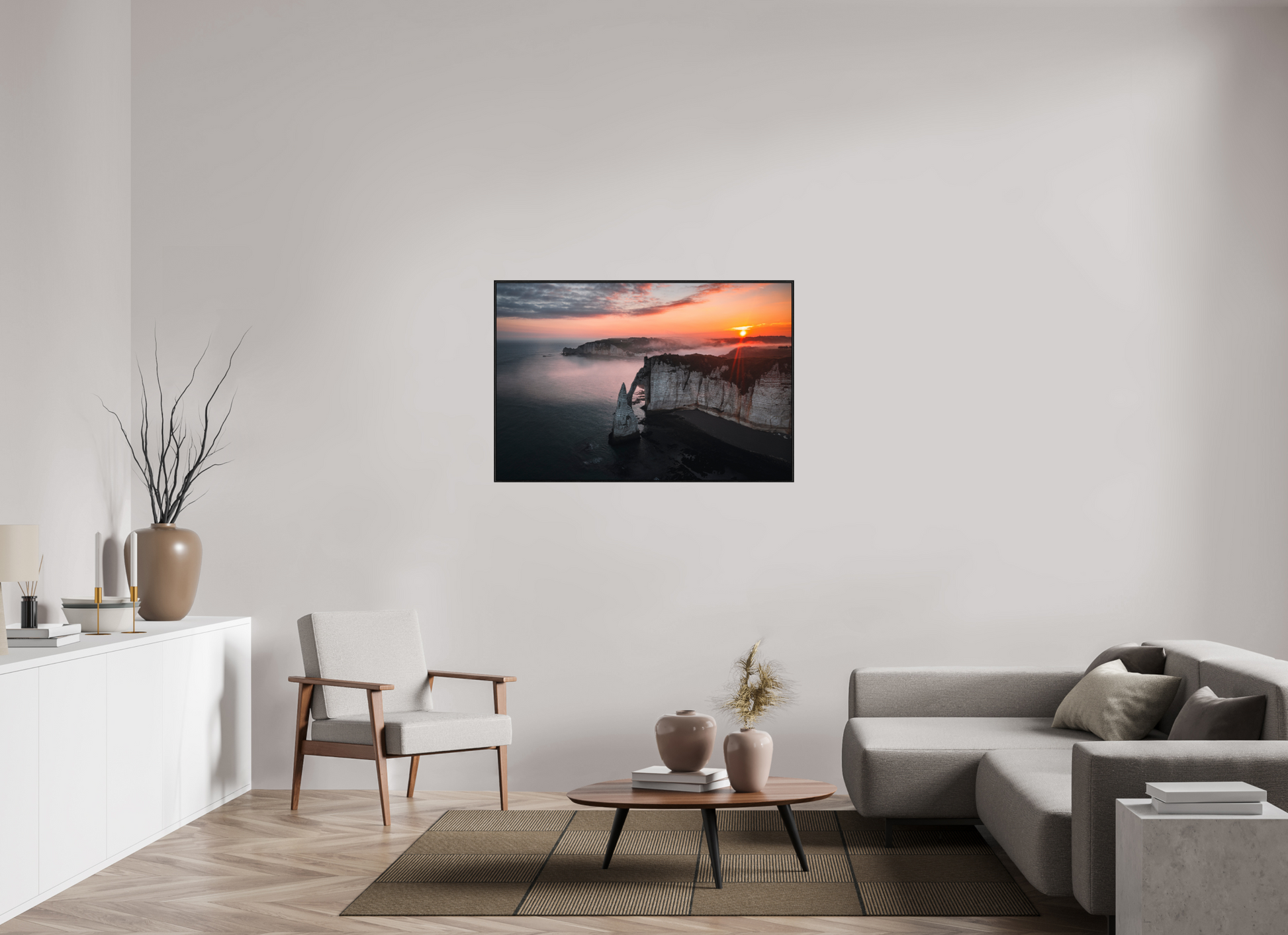 120 x 80 cm, Alu et cadre américain Aube sur les Falaises d'Aval d'Etretat