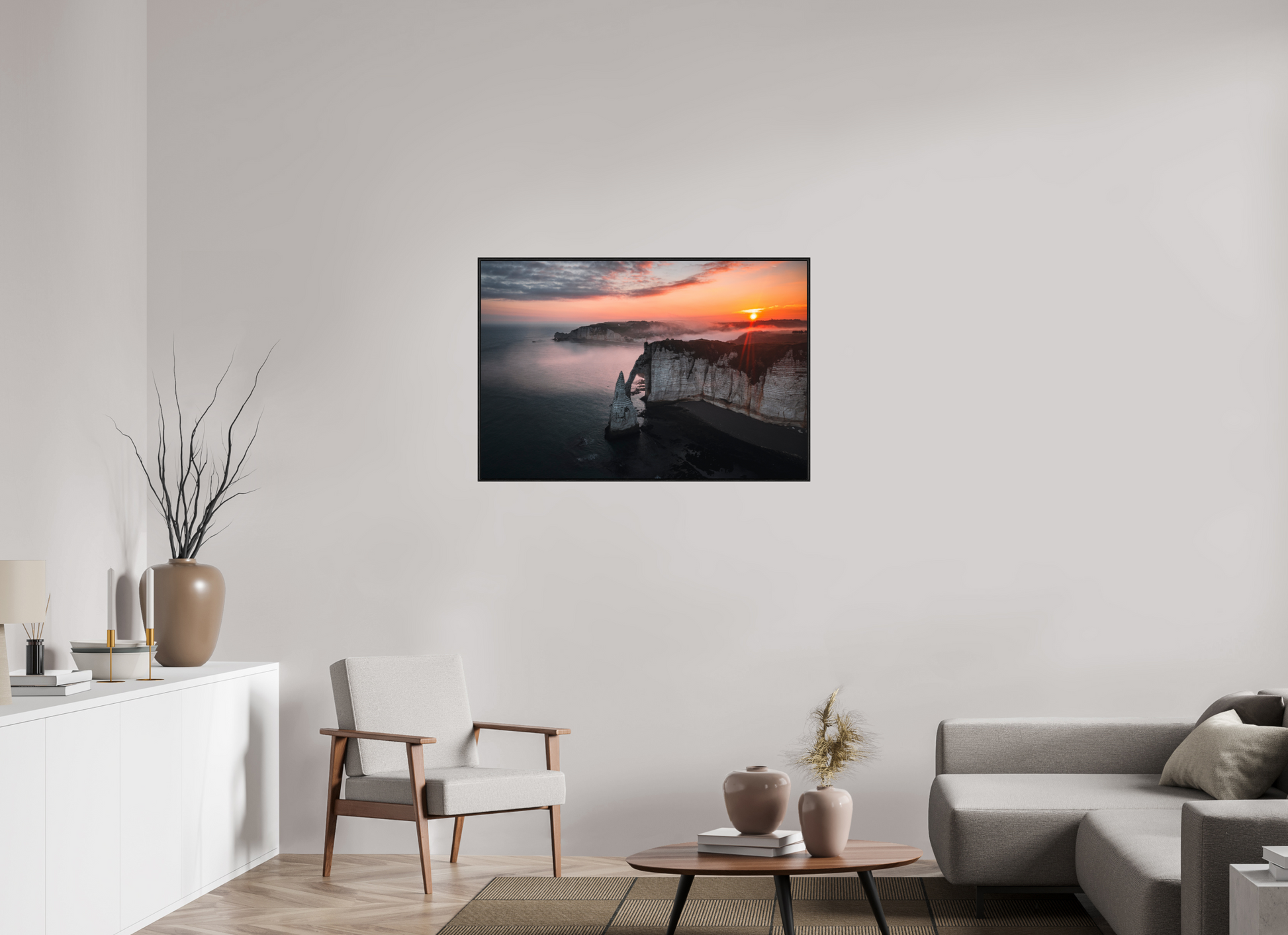 105 x 70 cm, Alu et cadre américain Aube sur les Falaises d'Aval d'Etretat
