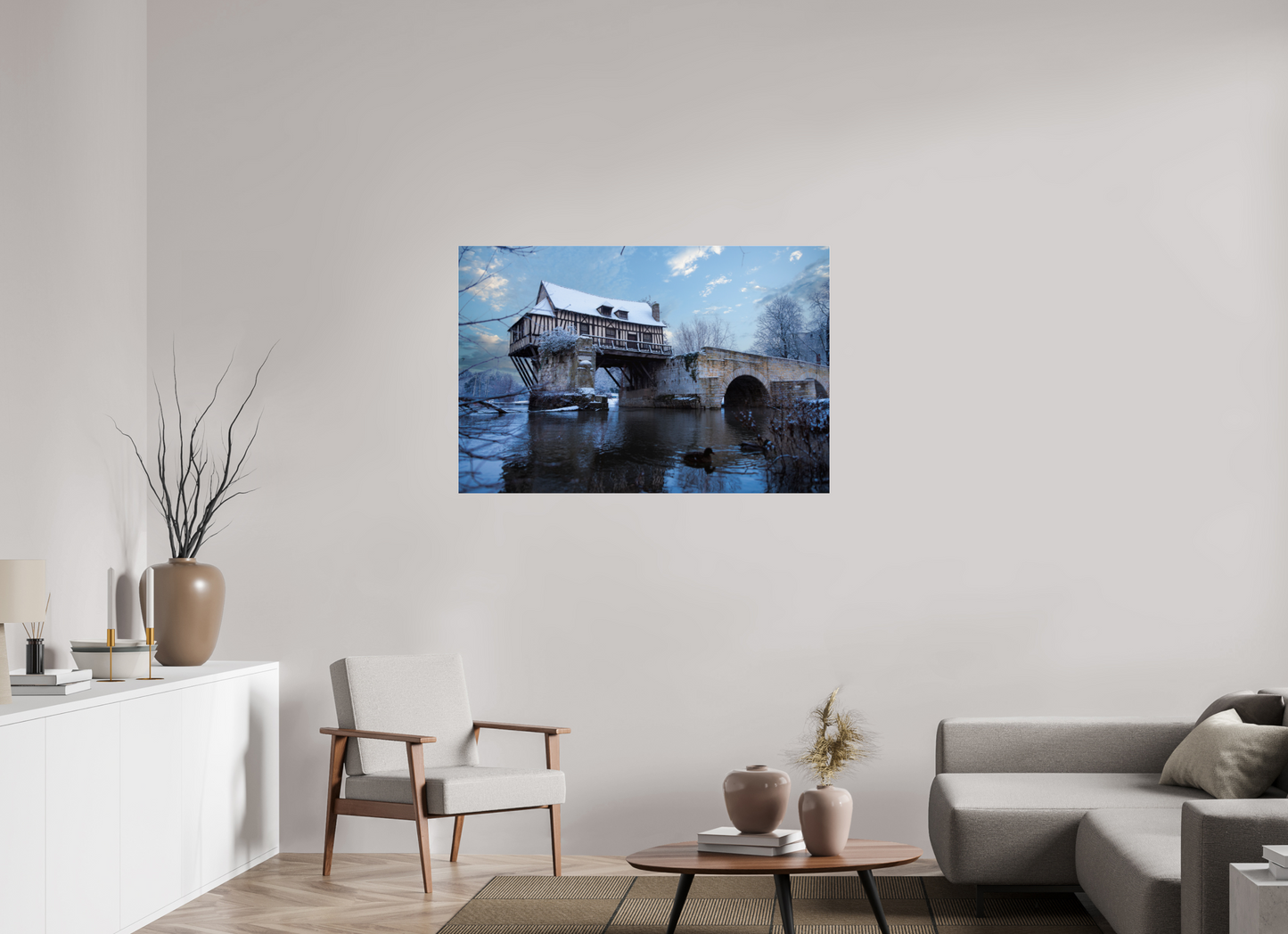120 x 80 cm, Photo Print Under Acrylic Glass Vieux Pont de Vernon sous la neige