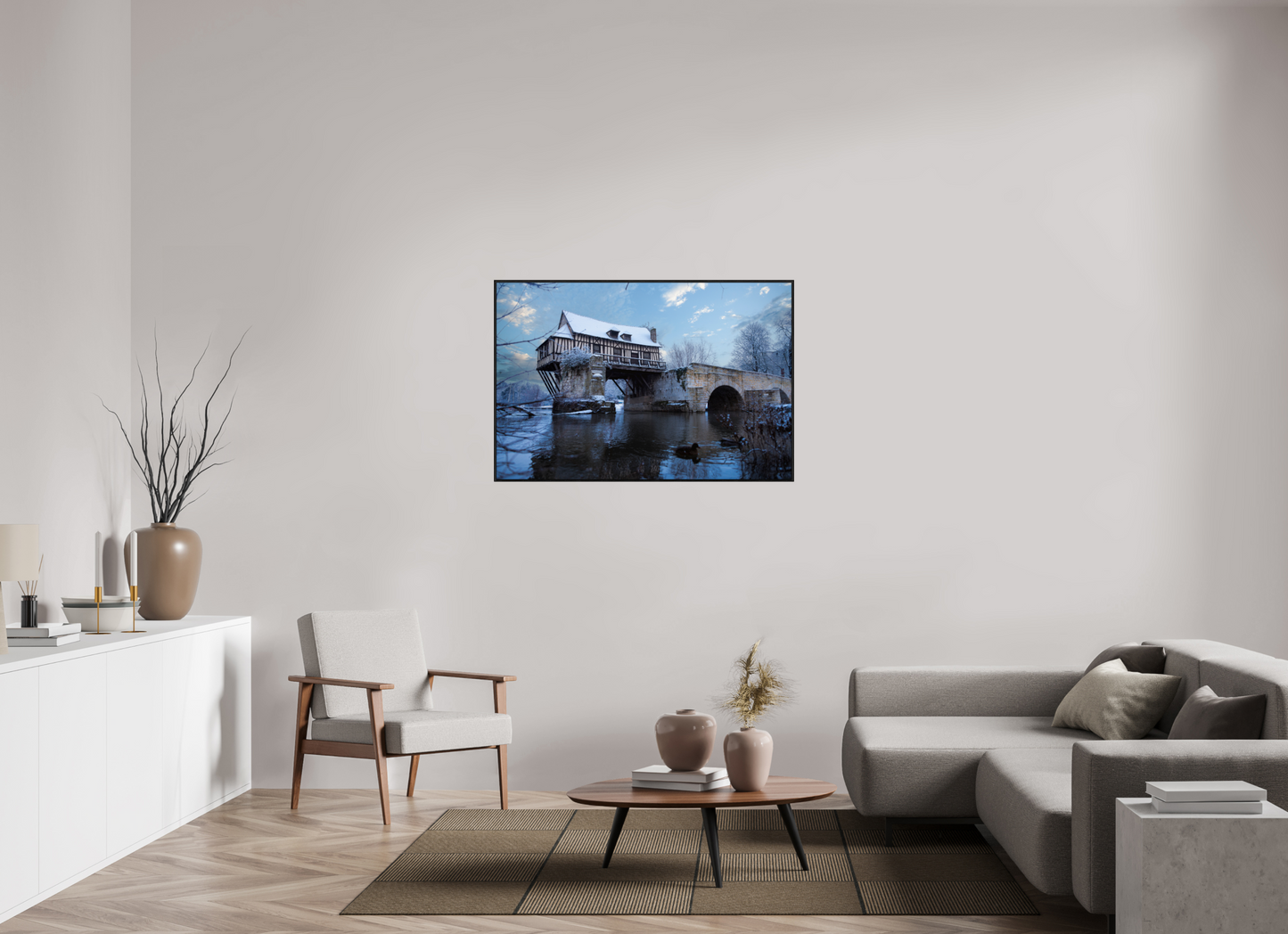 120 x 80 cm, Plexi et cadre américain Vieux Pont de Vernon sous la neige