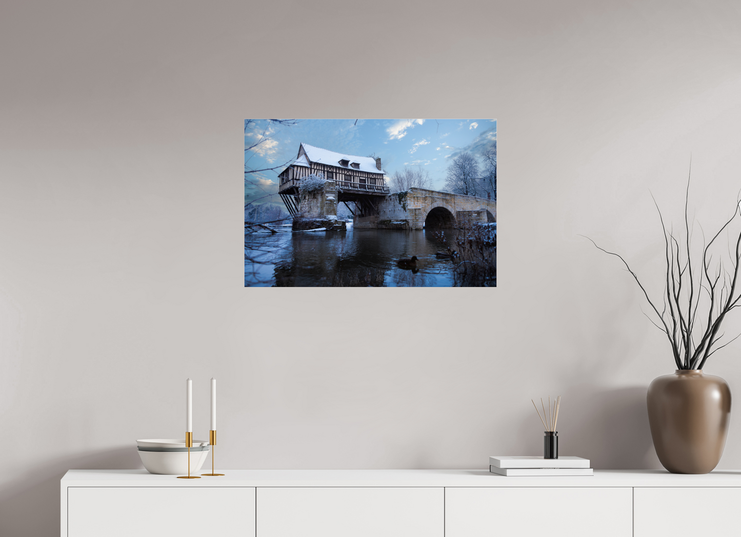 75 x 50 cm, Photo Print Under Acrylic Glass Vieux Pont de Vernon sous la neige