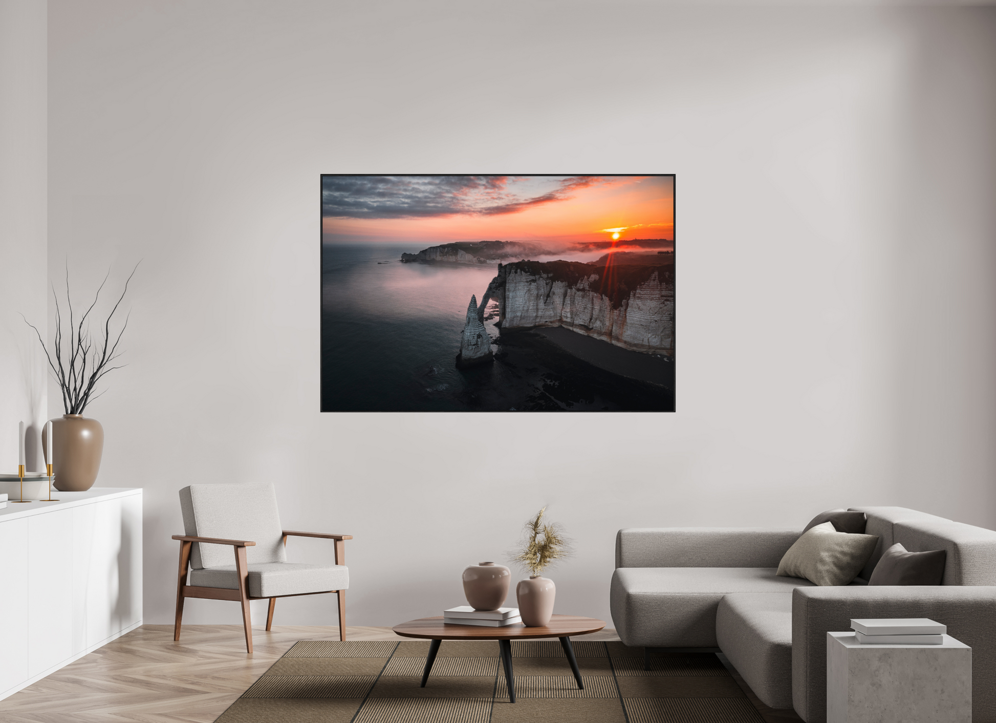 180 x 120 cm, Alu et cadre américain Aube sur les Falaises d'Aval d'Etretat